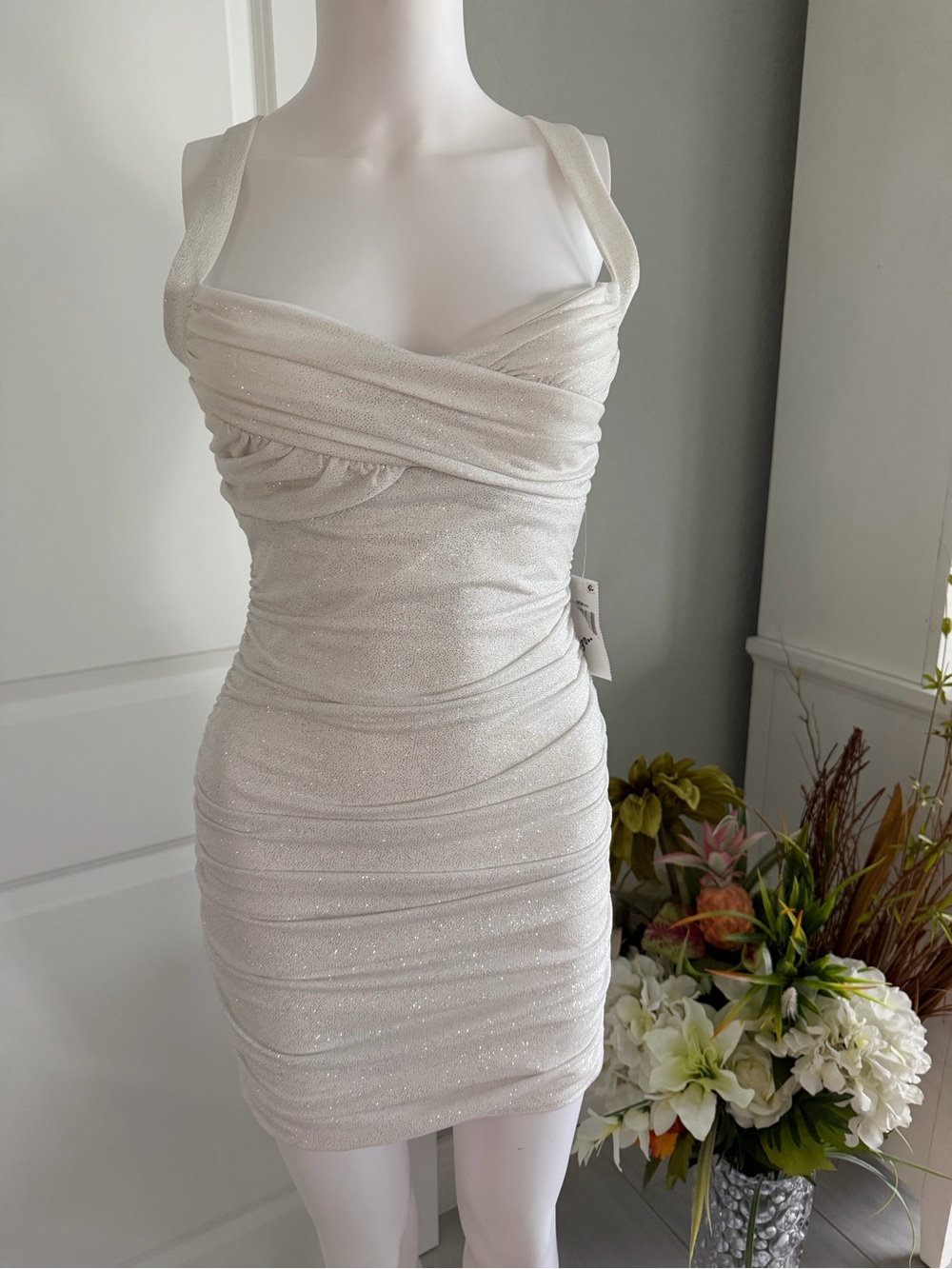 B Darlin White Sparkle Ruched V-Neck Mini Dress 5/6 NWT